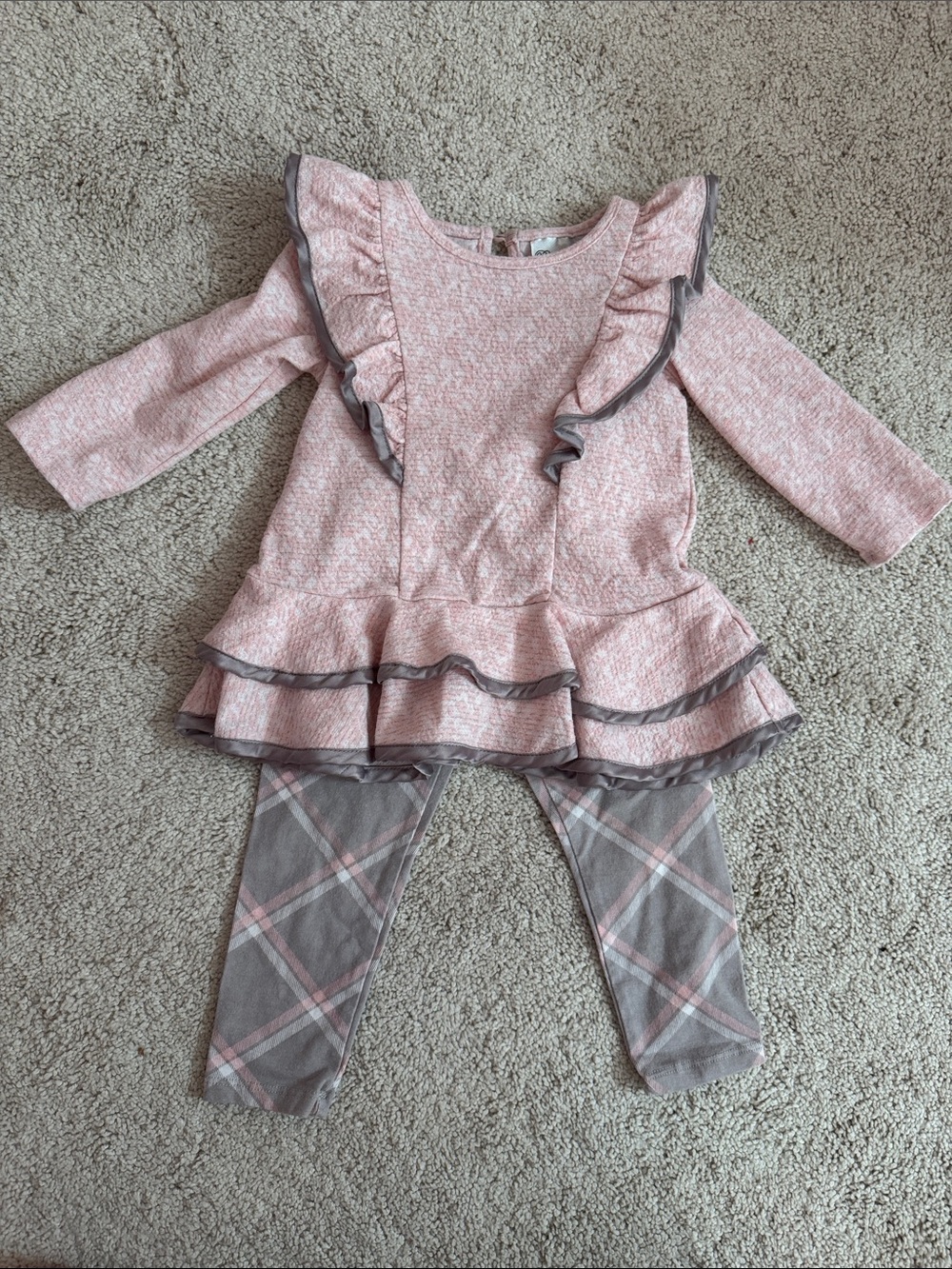 Rare Editions Pink and Gray Ruffle Tunic with Plaid Leggings